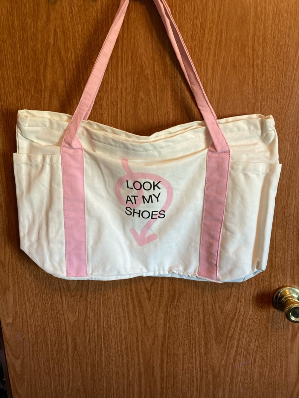 Canvas Tote Bag with Pink Straps and 'Look At My Shoes' Print